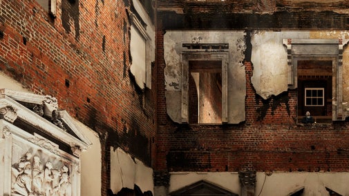 An architect's impression of a night time scene in the Marble Hall, Clandon Park, Surrey showing people attending an evening event.